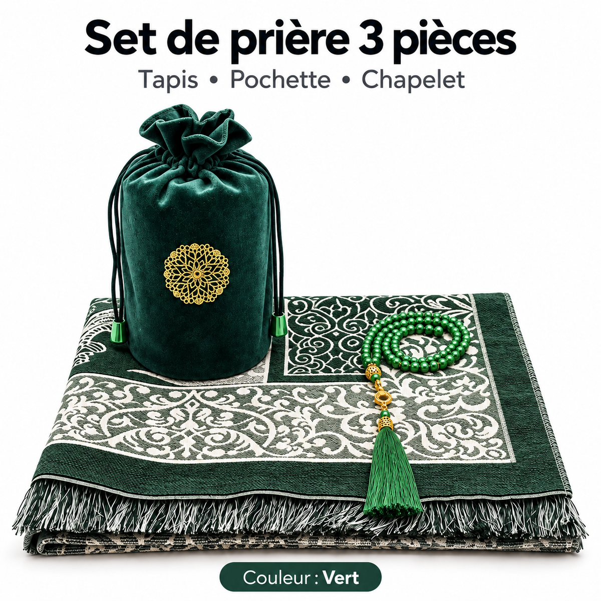 Set de prière 3 pièces – Tapis, Pochette & Chapelet