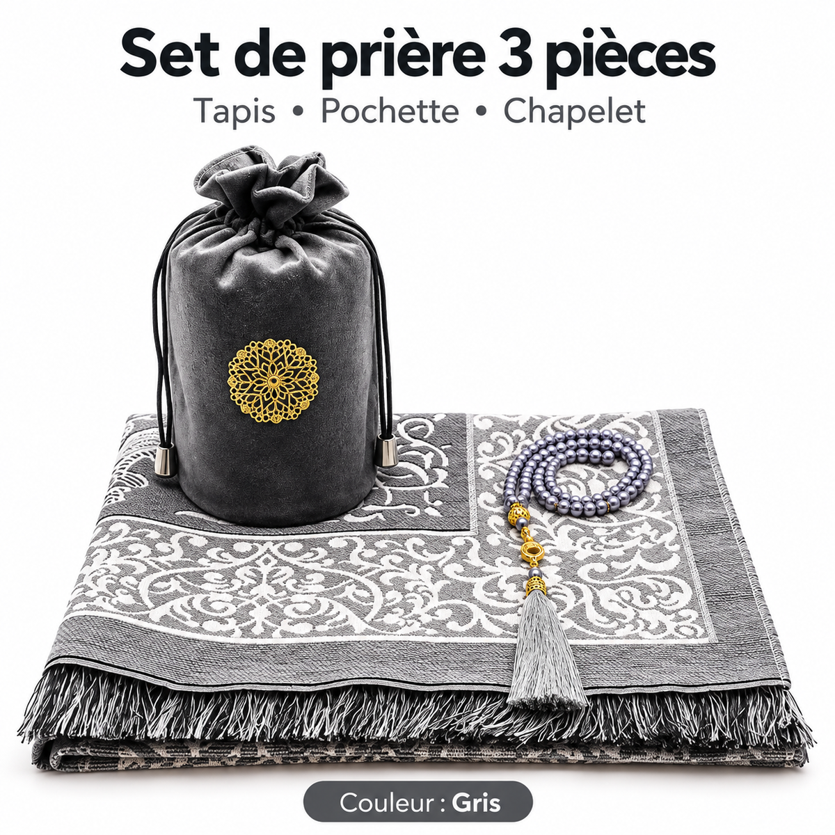 Set de prière 3 pièces – Tapis, Pochette & Chapelet