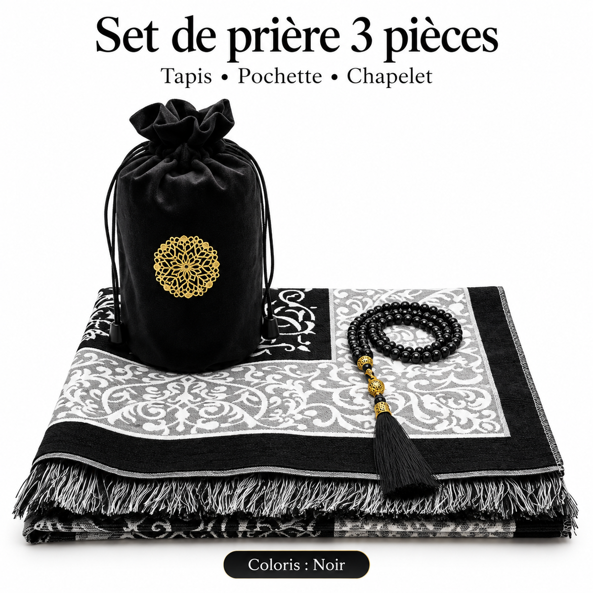 Set de prière 3 pièces – Tapis, Pochette & Chapelet