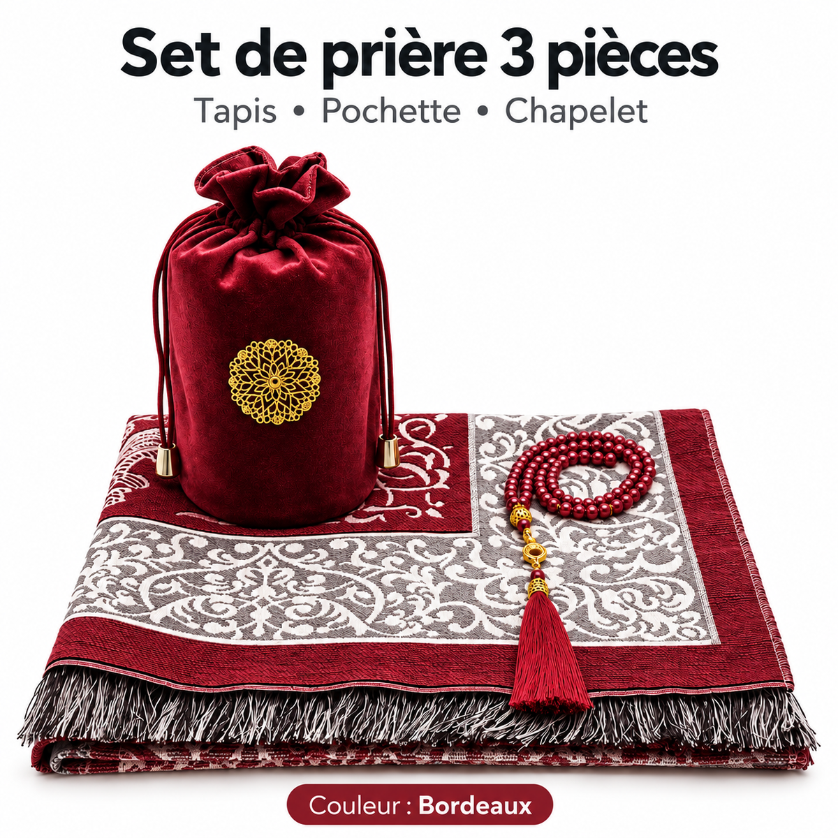 Set de prière 3 pièces – Tapis, Pochette & Chapelet