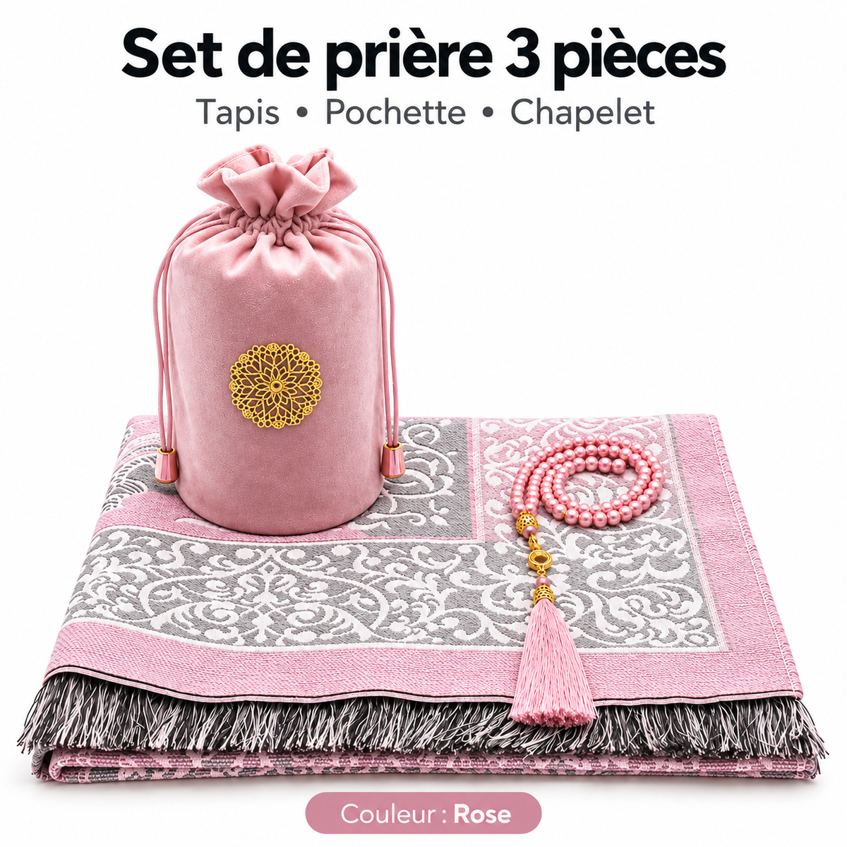 Set de prière 3 pièces – Tapis, Pochette & Chapelet